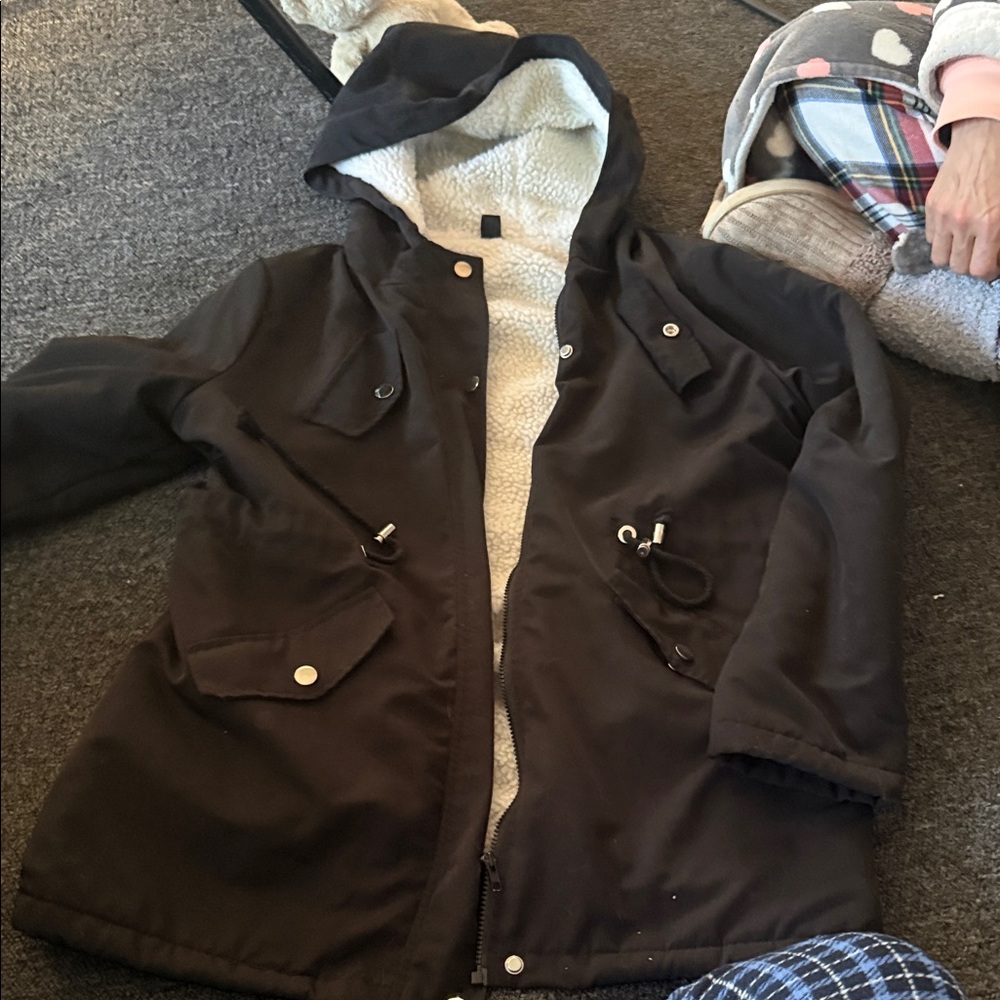 SHEIN Black Hooded Jacket with Cream Lining